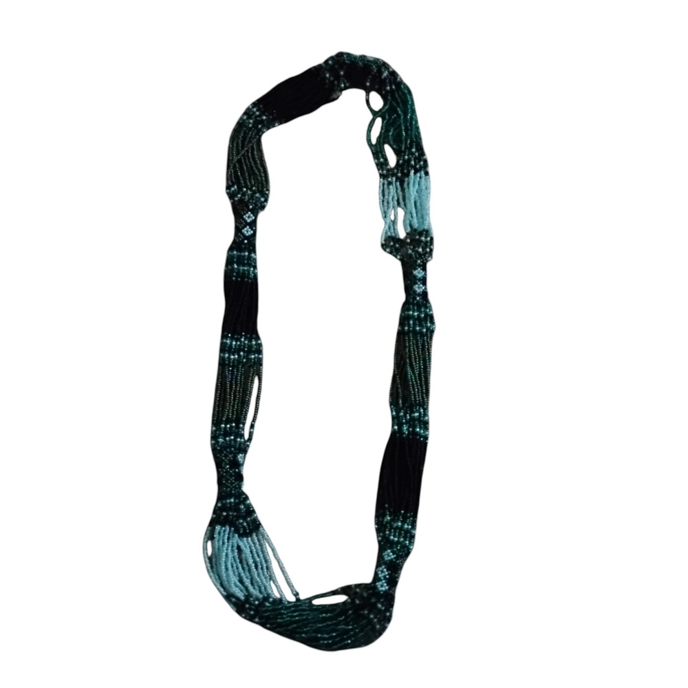 Vintage Multi Strand Seed Bead Infinity Necklace Teal Green Blue Boho Statement